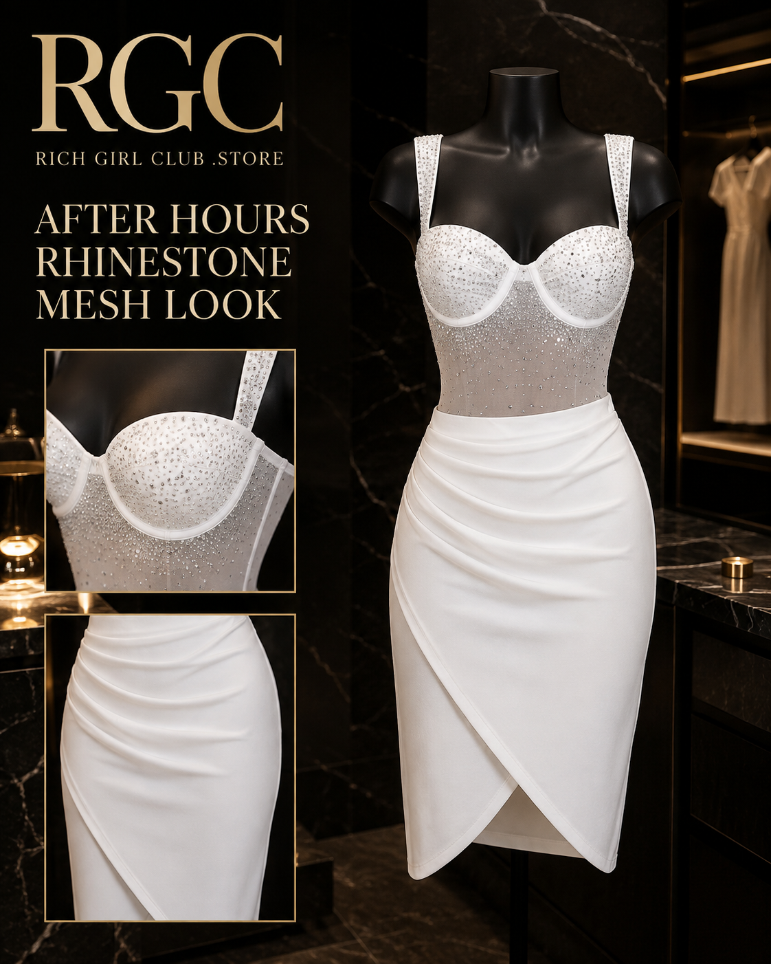 After Hours Rhinestone Mesh Look in white on a mannequin showing rhinestone mesh and wrap-front styling