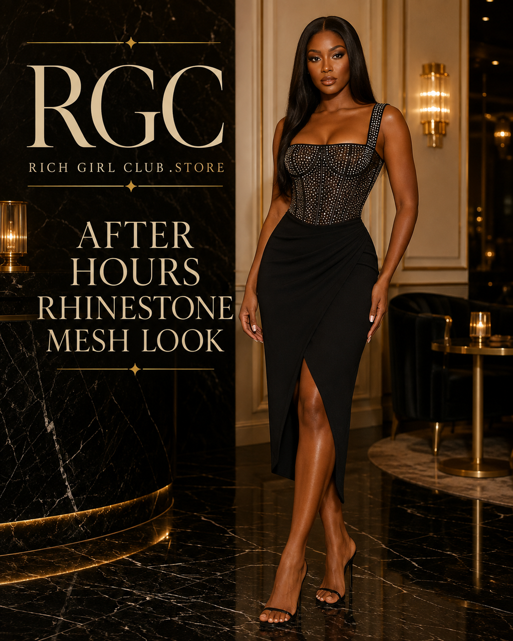 After Hours Rhinestone Mesh Look in black on a confident adult model in a luxury cocktail lounge