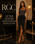 After Hours Rhinestone Mesh Look in black on a confident adult model in a luxury cocktail lounge