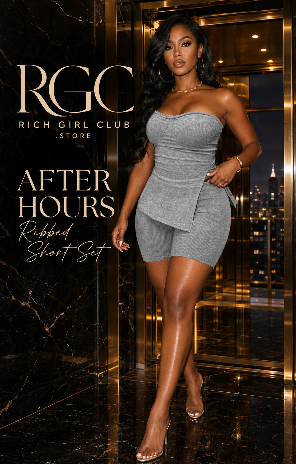 After Hours Ribbed Short Set in grey on a confident adult model entering a luxury penthouse elevator lobby