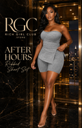 After Hours Ribbed Short Set in grey on a confident adult model entering a luxury penthouse elevator lobby
