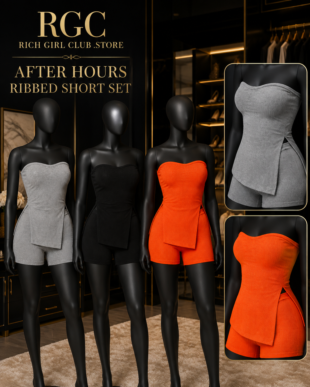 After Hours Ribbed Short Set on mannequins in grey, black and red orange with ribbed texture and split-hem details