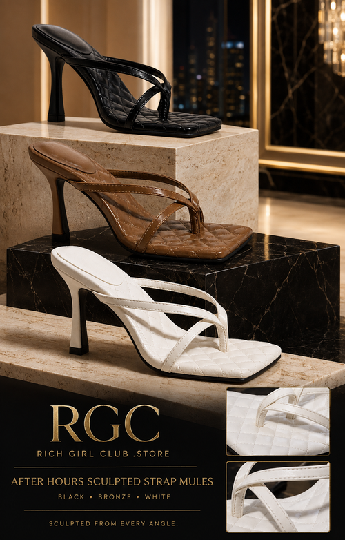 After Hours Sculpted Strap Mules RGC detail image showing black, bronze, and white color options