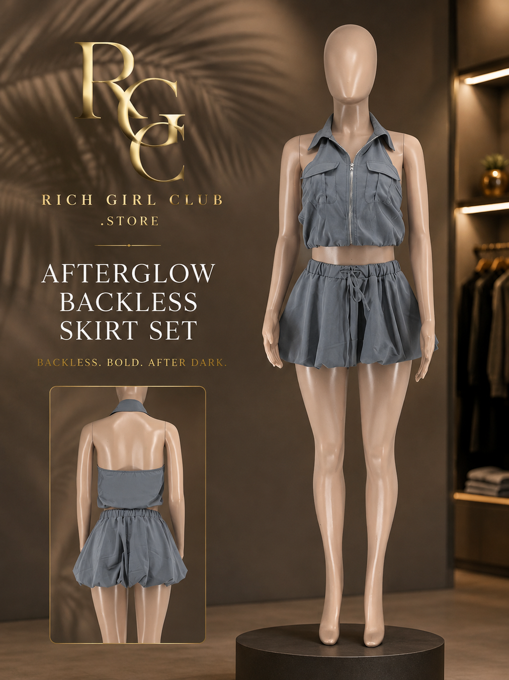 Afterglow Backless Skirt Set RGC campaign hero in gray with front and back mannequin views