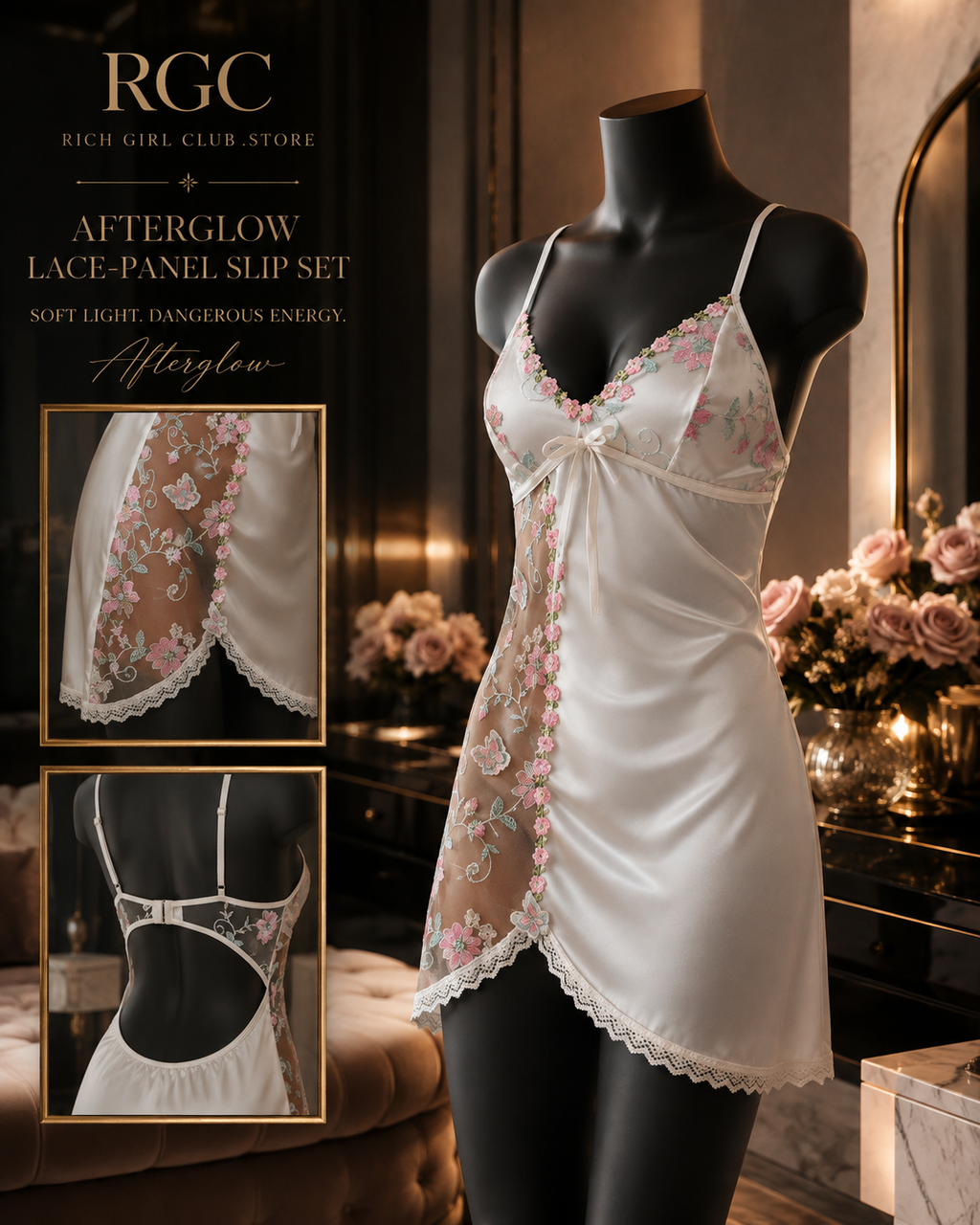 Afterglow Lace-Panel Slip Set RGC mannequin detail showing the white floral-lace side panel, slim straps and open back