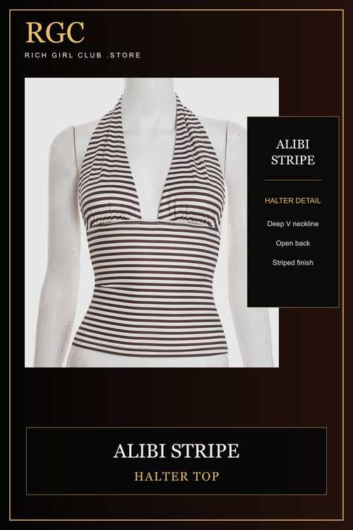 RGC product detail of the brown Alibi Stripe Halter Top showing its deep V halter neckline.