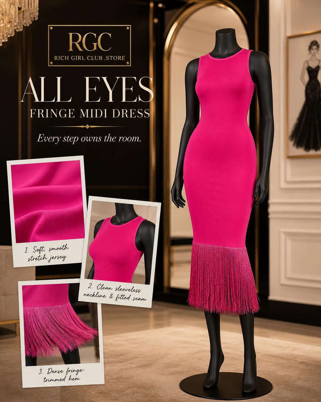 All Eyes Fringe Midi Dress RGC mannequin and fringe detail campaign