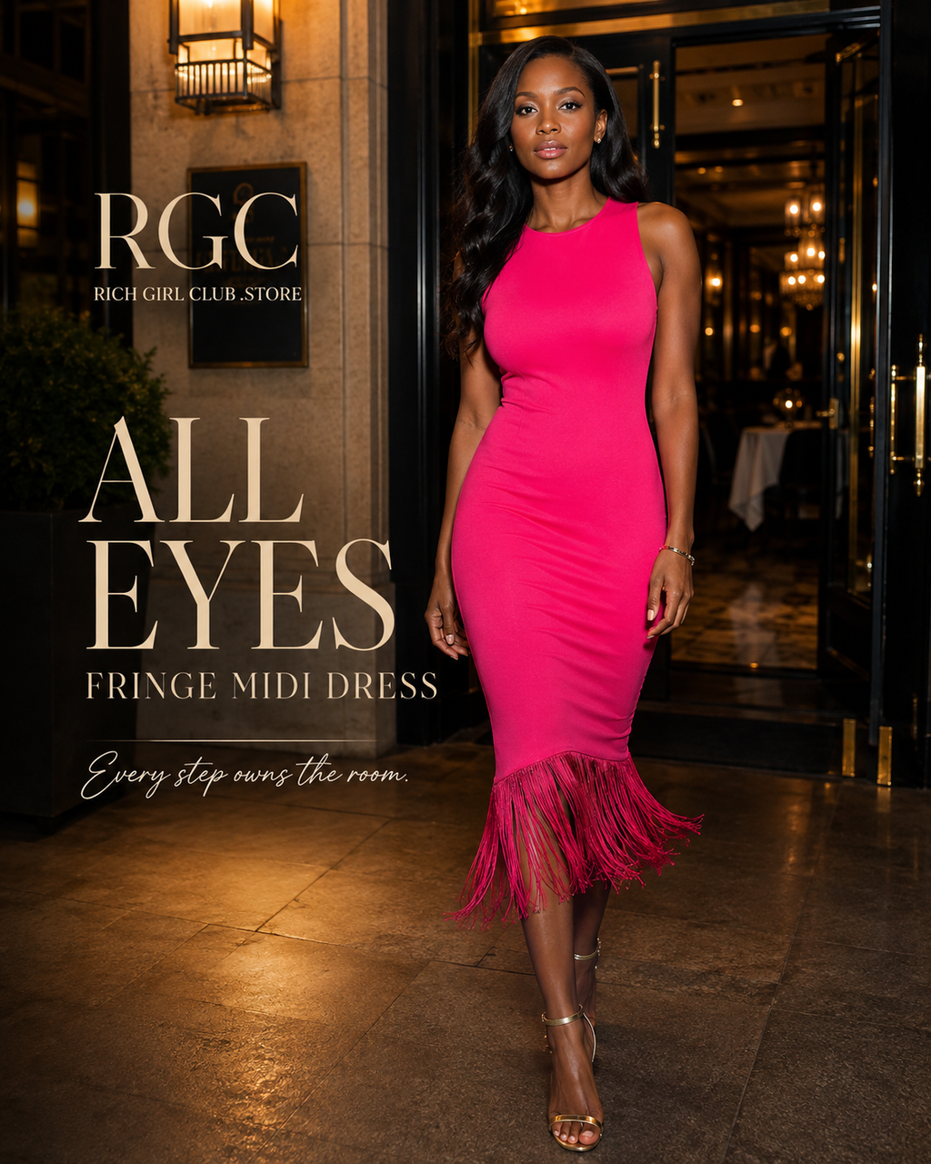 All Eyes Fringe Midi Dress RGC campaign hero in fuchsia on adult model