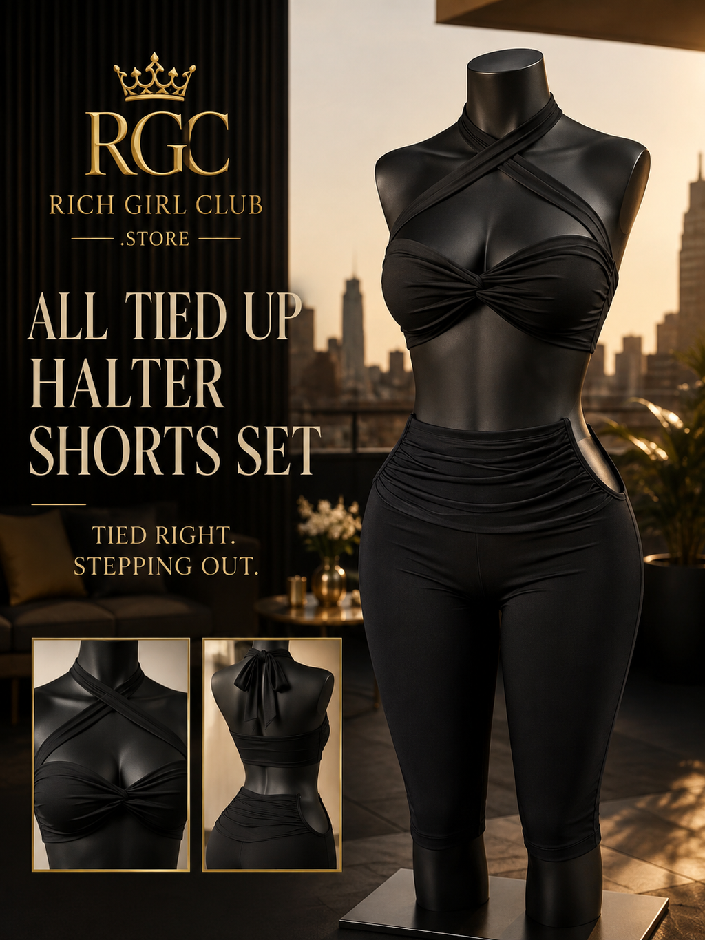 All Tied Up Halter Shorts Set RGC campaign hero in black on mannequin