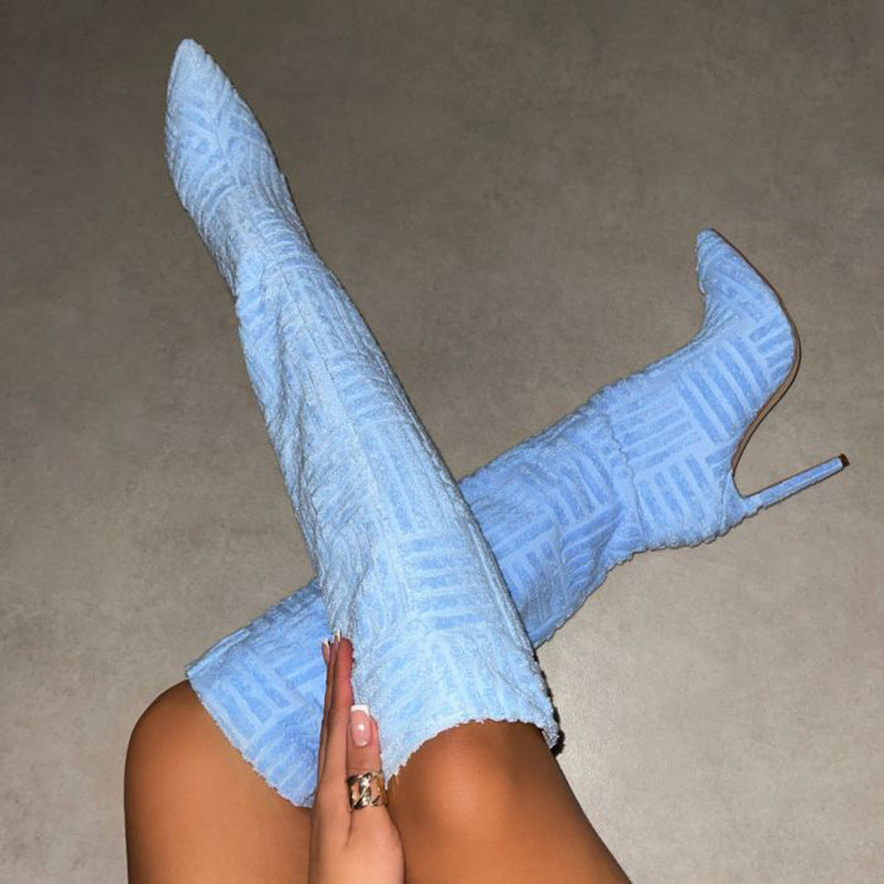 Blue Main Character Suede Stiletto Boots worn crossed-leg view