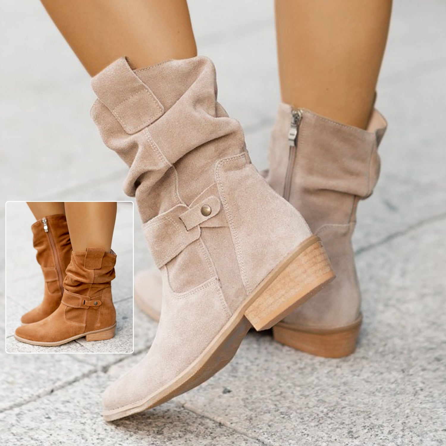 Apricot Saddle Sway Suede Boots worn in a close-up view showing the slouch shaft and low square heel.