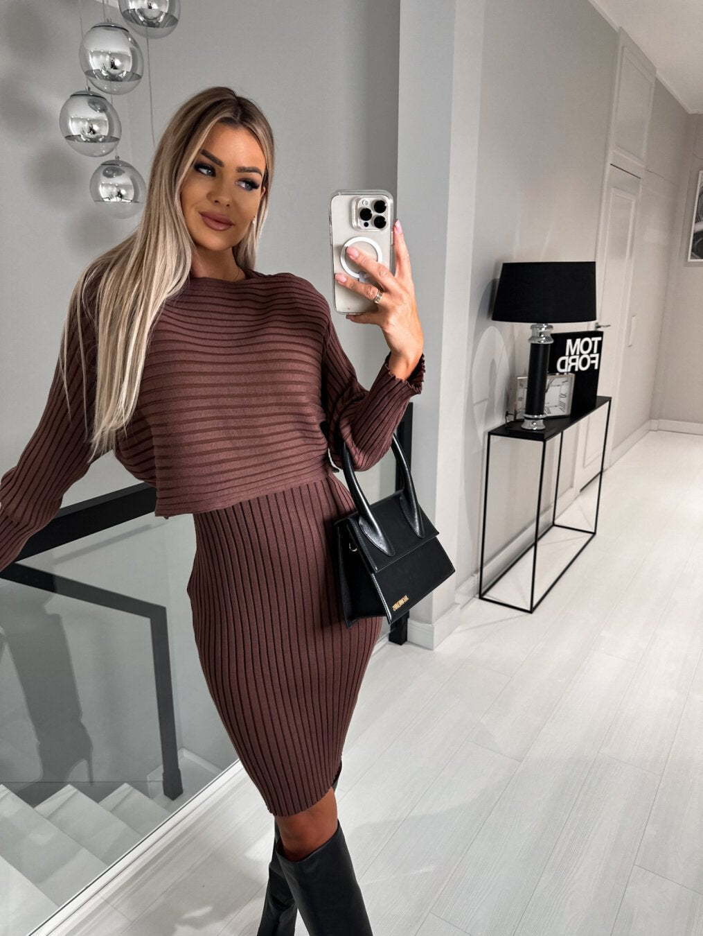Quiet Luxury Knit Skirt Set view of the coordinated long-sleeve rib-knit sweater and matching mid-length knit skirt (image 12).
