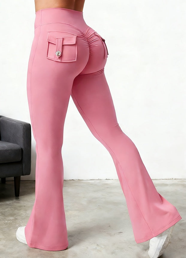 Pink Curve Cargo Flare Pants shown from the rear three-quarter view.