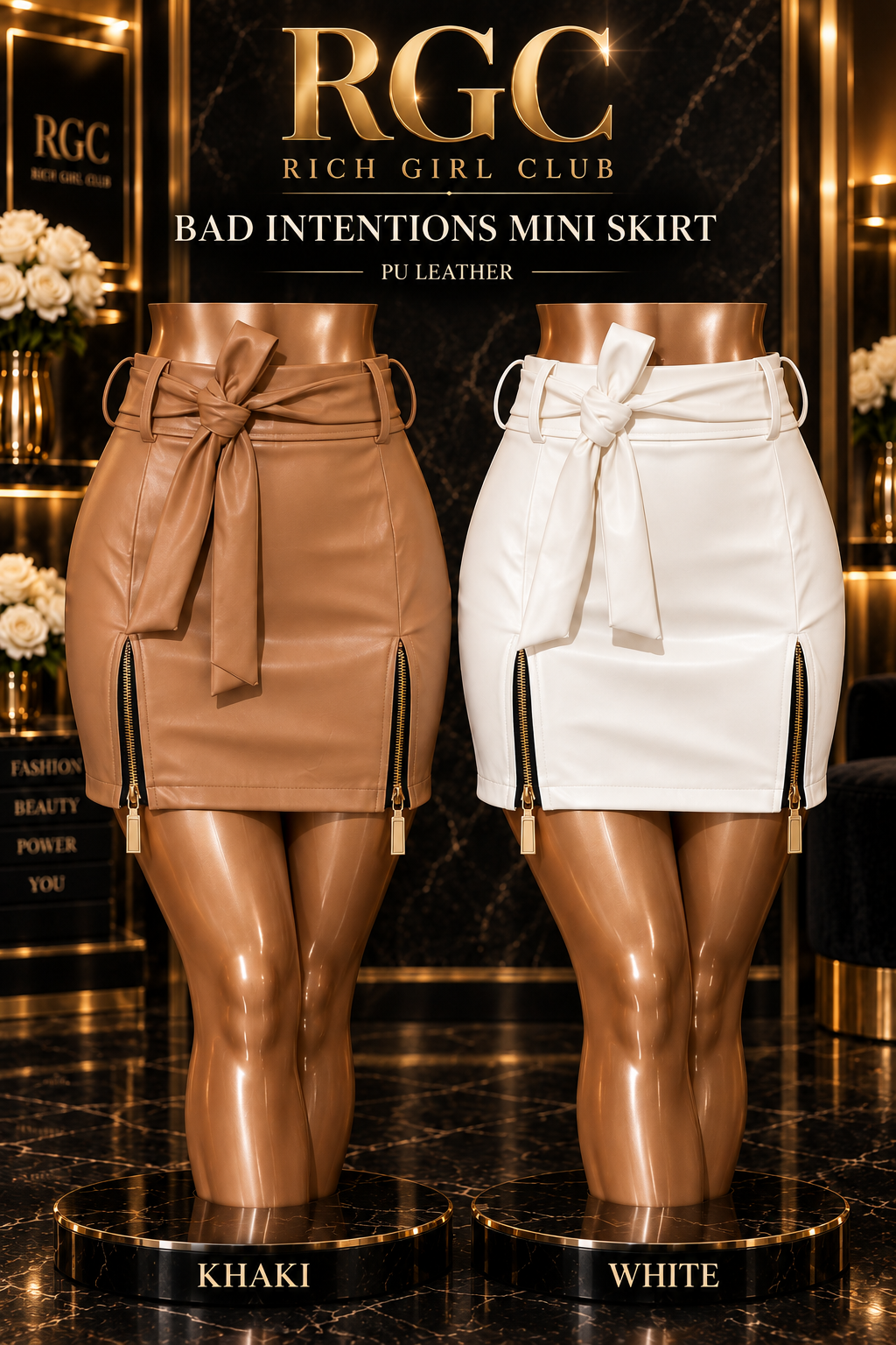 Khaki and White RGC Bad Intentions Mini Skirts with tie waists and twin gold front zipper slits.