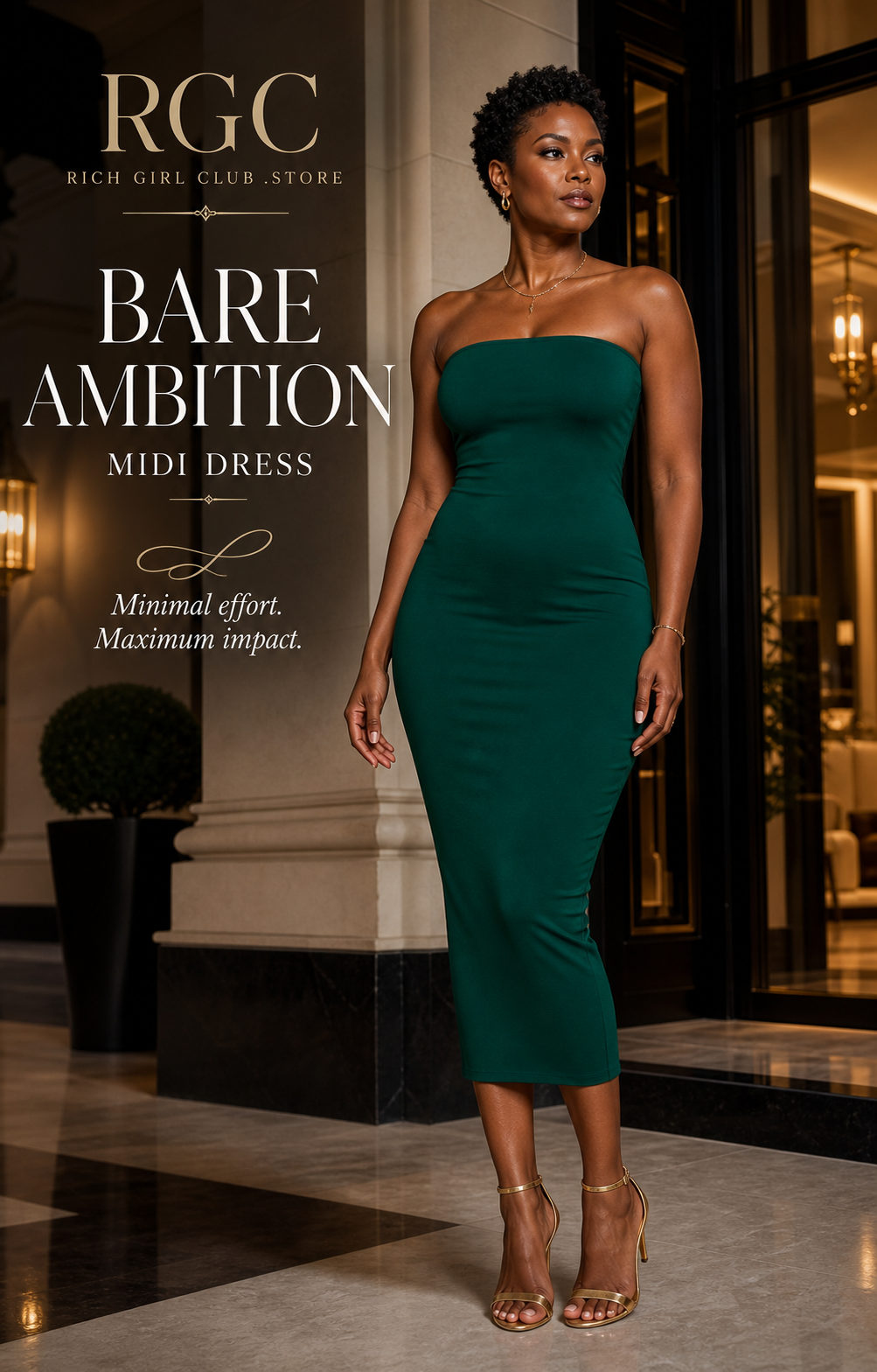 Bare Ambition Midi Dress RGC campaign hero in green on adult model
