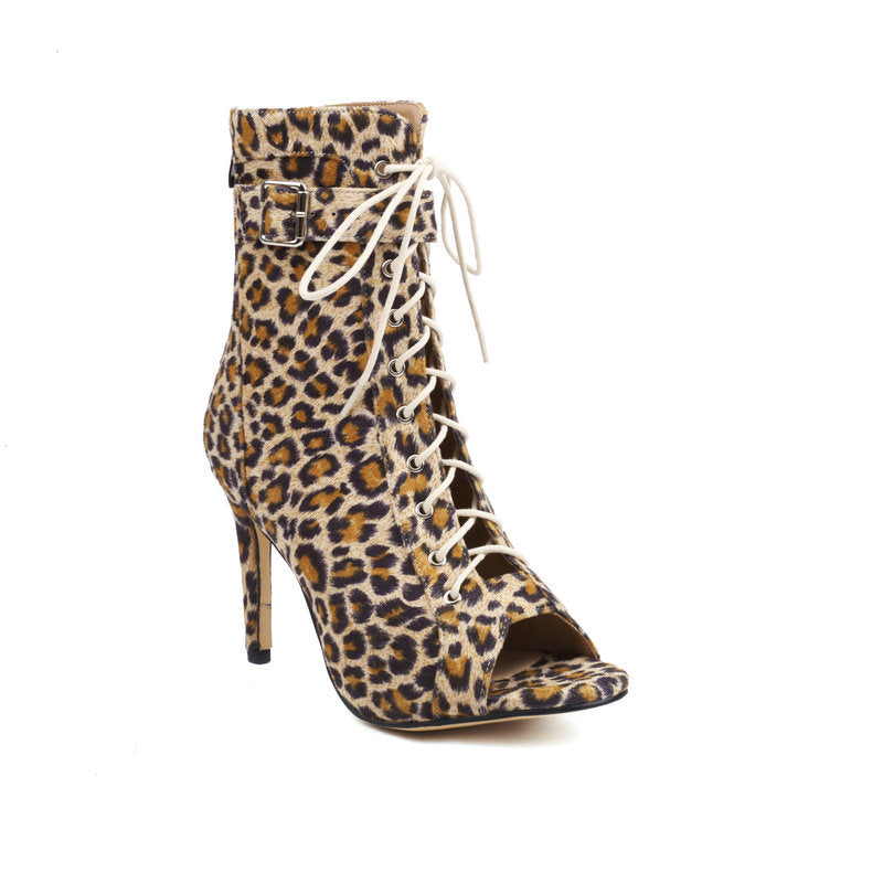 Leopard-print lace-up open-toe stiletto bootie front view