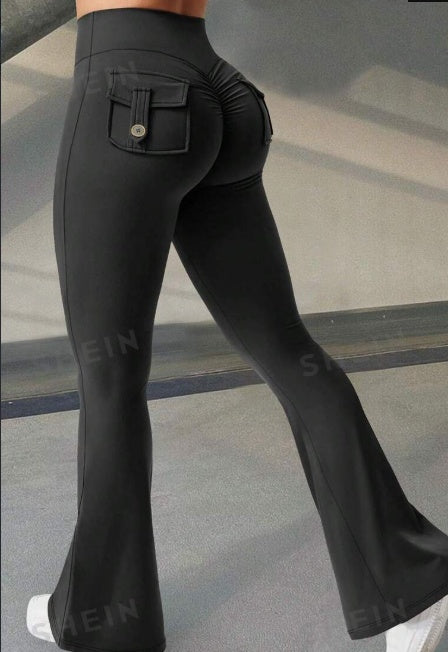Black Curve Cargo Flare Pants shown from the rear three-quarter view.