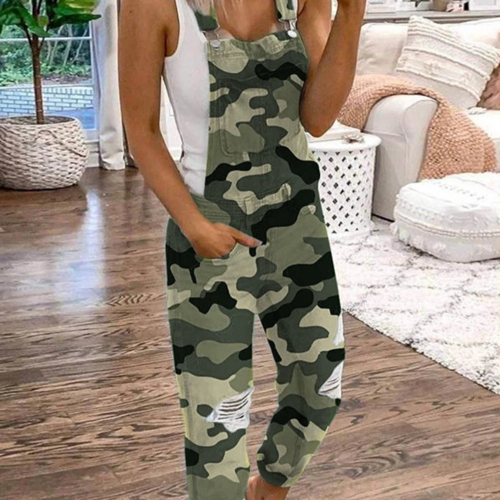 Camouflage Weekend Authority overalls with distressed knees, front view