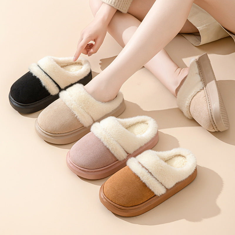 Assortment of Beige, Black, Khaki, and Pink platform slippers with cream plush cuffs.