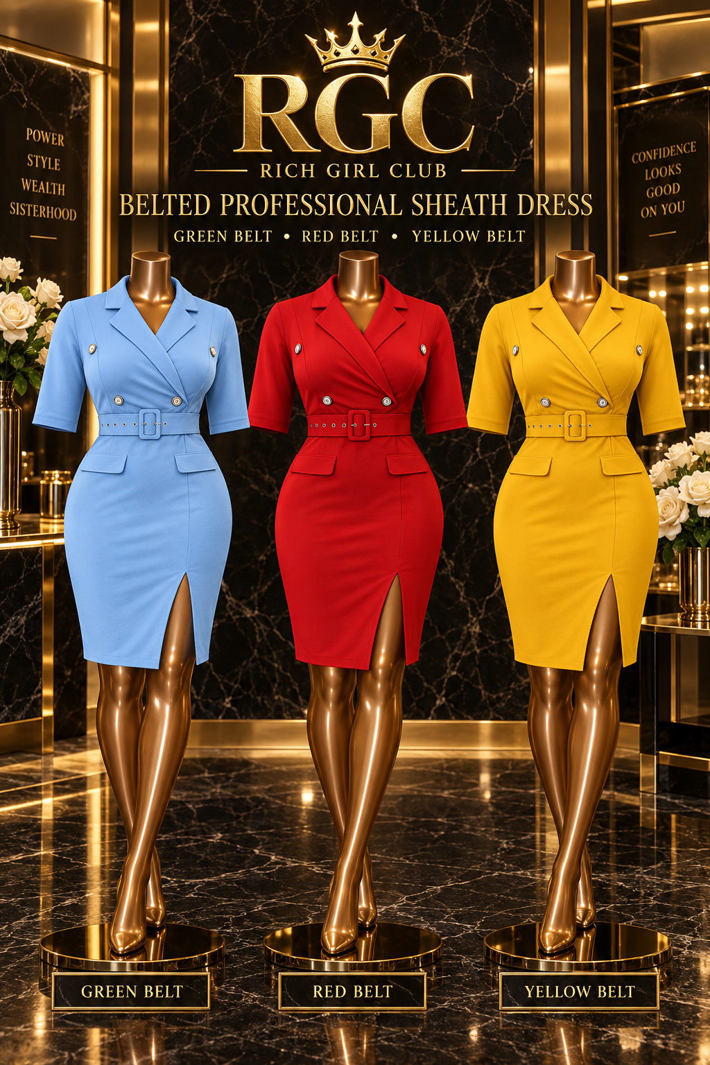 RGC Belted Professional Sheath Dress on three curvy bronze mannequins in supplier-labeled Green Belt, Red Belt, and Yellow Belt.