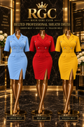 RGC Belted Professional Sheath Dress on three curvy bronze mannequins in supplier-labeled Green Belt, Red Belt, and Yellow Belt.