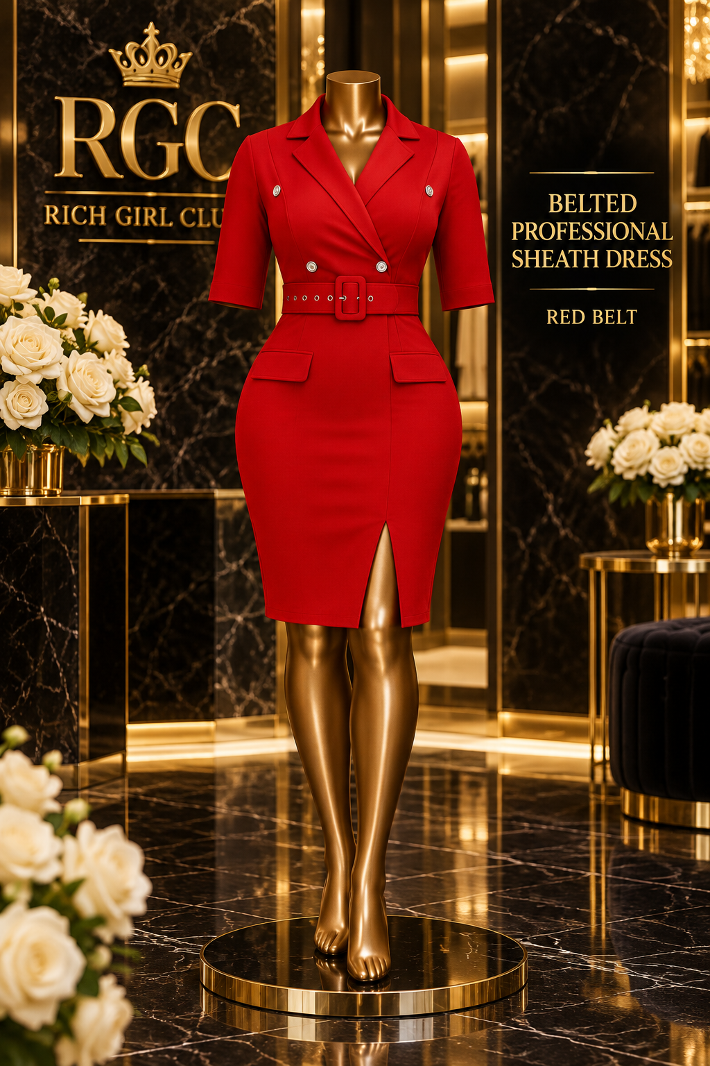 Red Belt RGC Belted Professional Sheath Dress on a curvy bronze Viper mannequin.