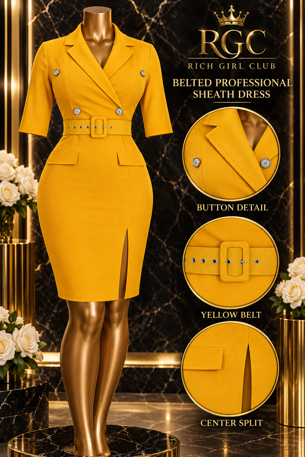 Close-up of the Yellow Belt sheath dress lapels, silver buttons, covered buckle, hip pockets, and center split.