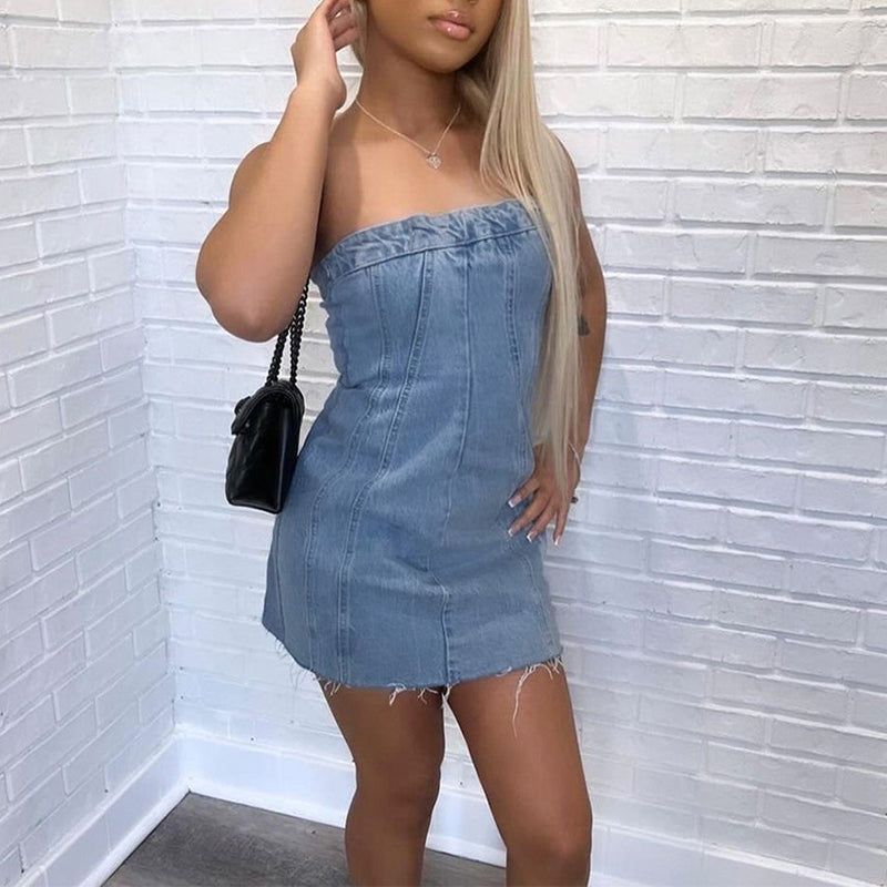 Penthouse Denim Tube Mini Dress supplier image 6 showing garment color and construction