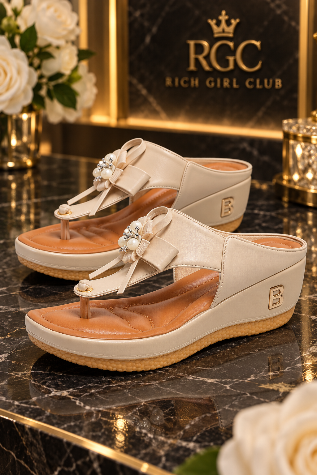 Bloom Wedge Platform Slides in Beige with flower ornament and wedge profile