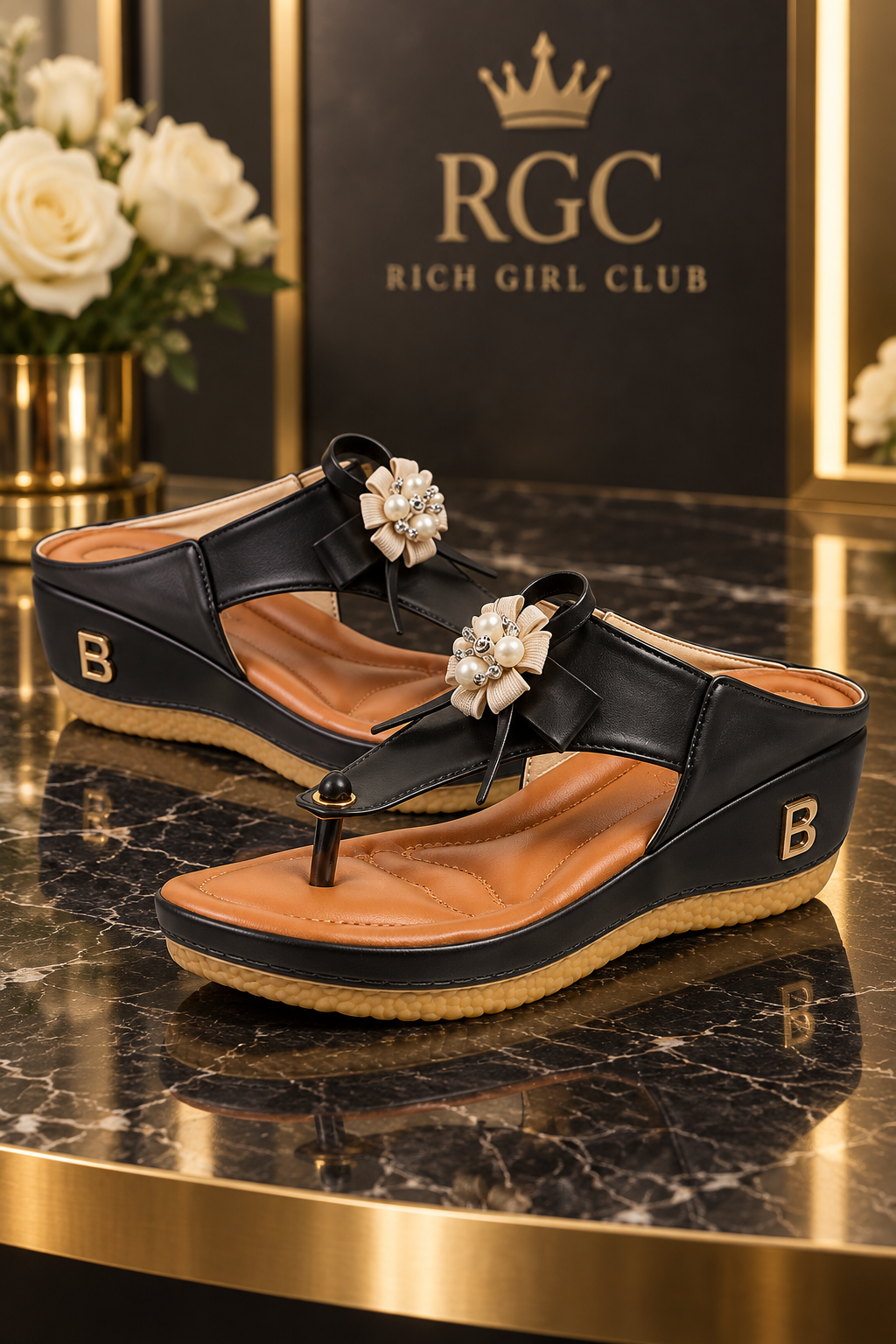 Bloom Wedge Platform Slides in Black with flower ornament and wedge profile