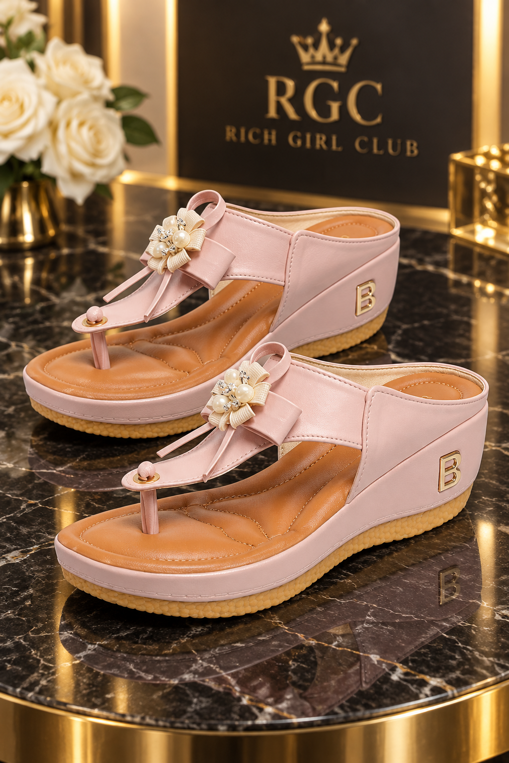 Bloom Wedge Platform Slides in Pink with flower ornament and wedge profile