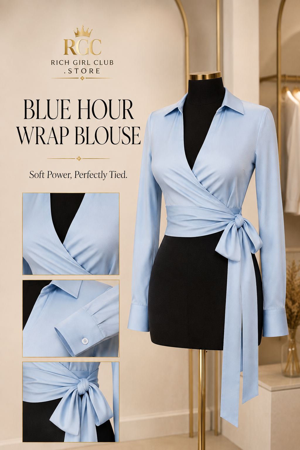 Blue Hour Wrap Blouse RGC mannequin detail campaign showing the powder-blue collar, wrap front, cuffs and waist tie