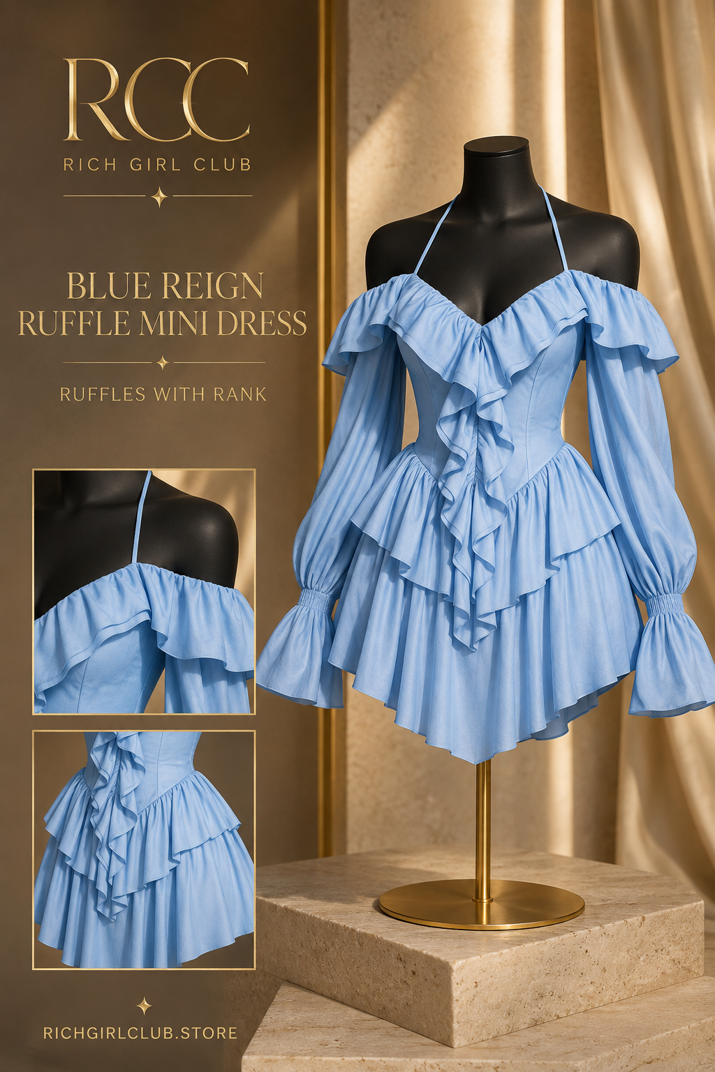 Blue Reign Ruffle Mini Dress in powder blue on a mannequin with ruffle and waist detail