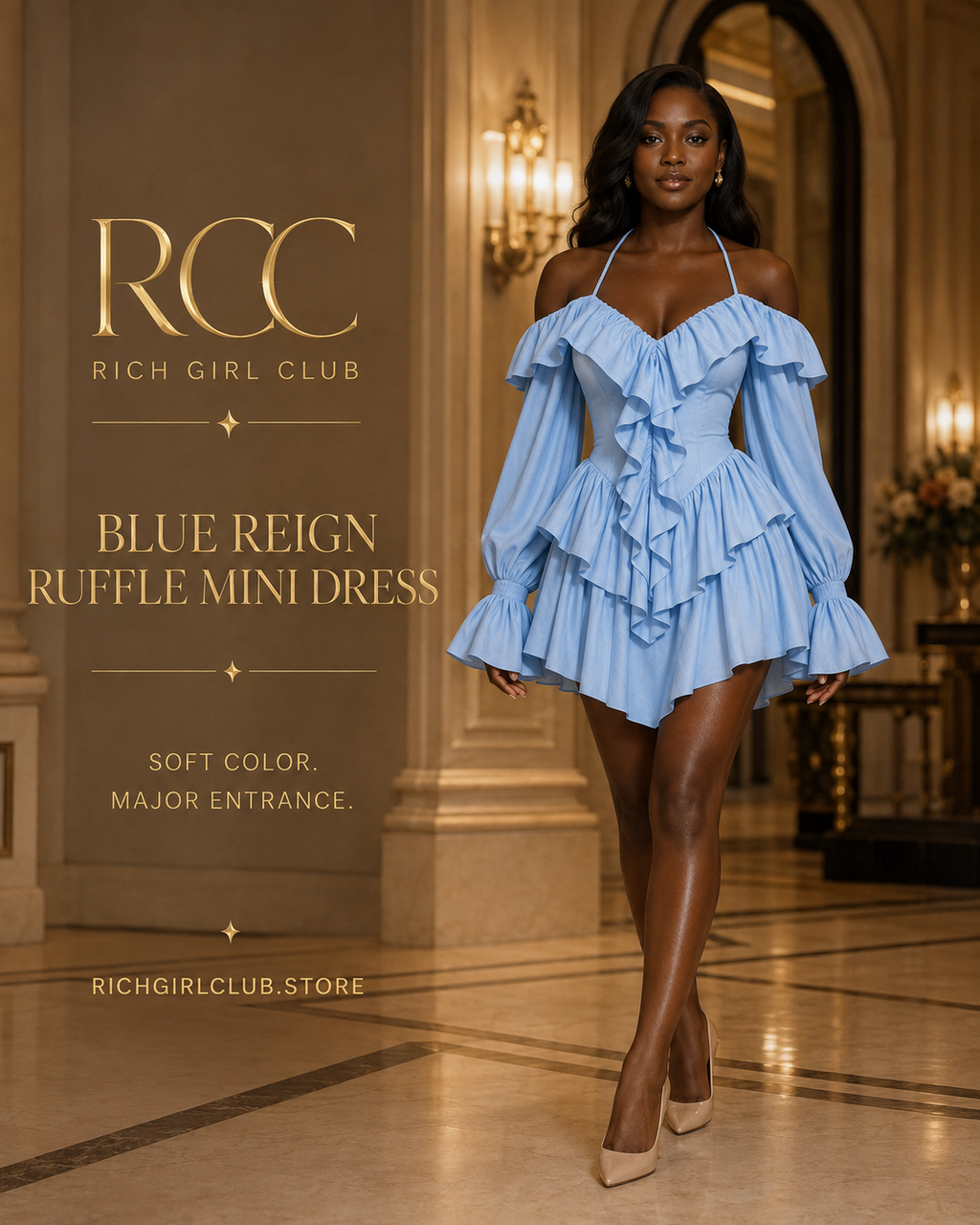 Blue Reign Ruffle Mini Dress in powder blue on an adult Black model in a luxury RGC campaign