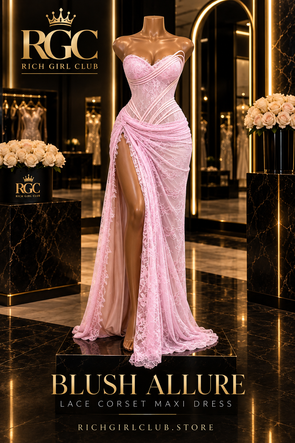 Blush Allure Lace Corset Maxi Dress on the signature curvy RGC boutique mannequin