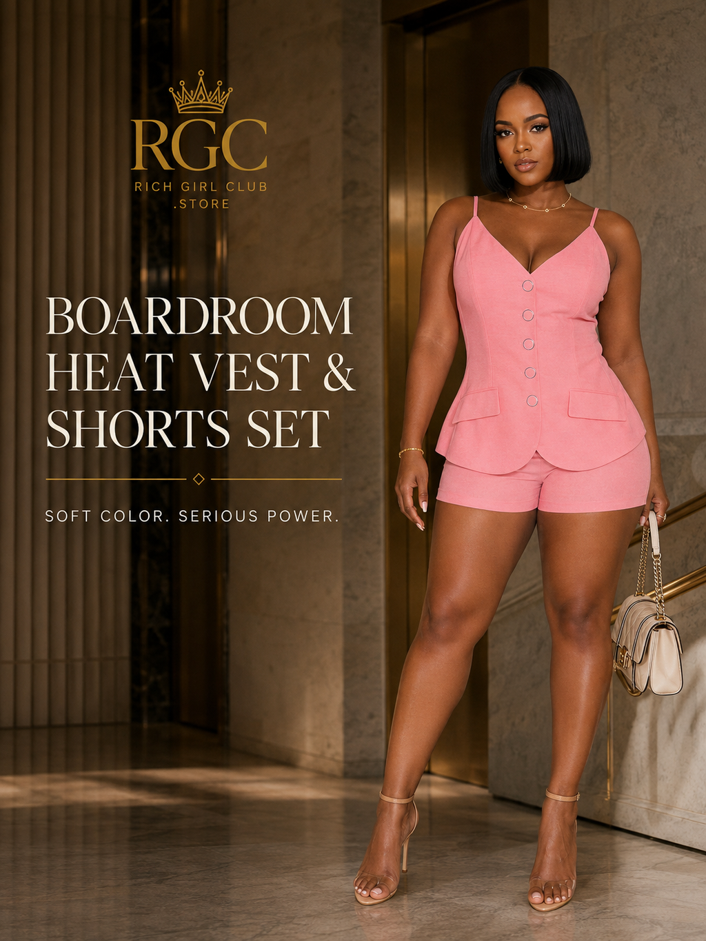 Boardroom Heat Vest and Shorts Set RGC campaign hero in pink on model
