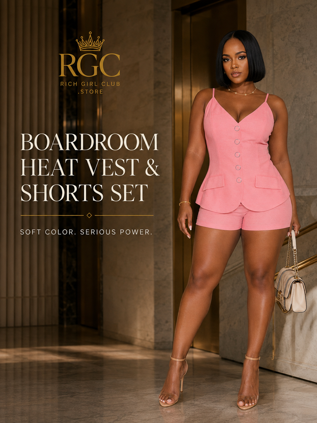 Boardroom Heat Vest and Shorts Set RGC campaign hero in pink on model