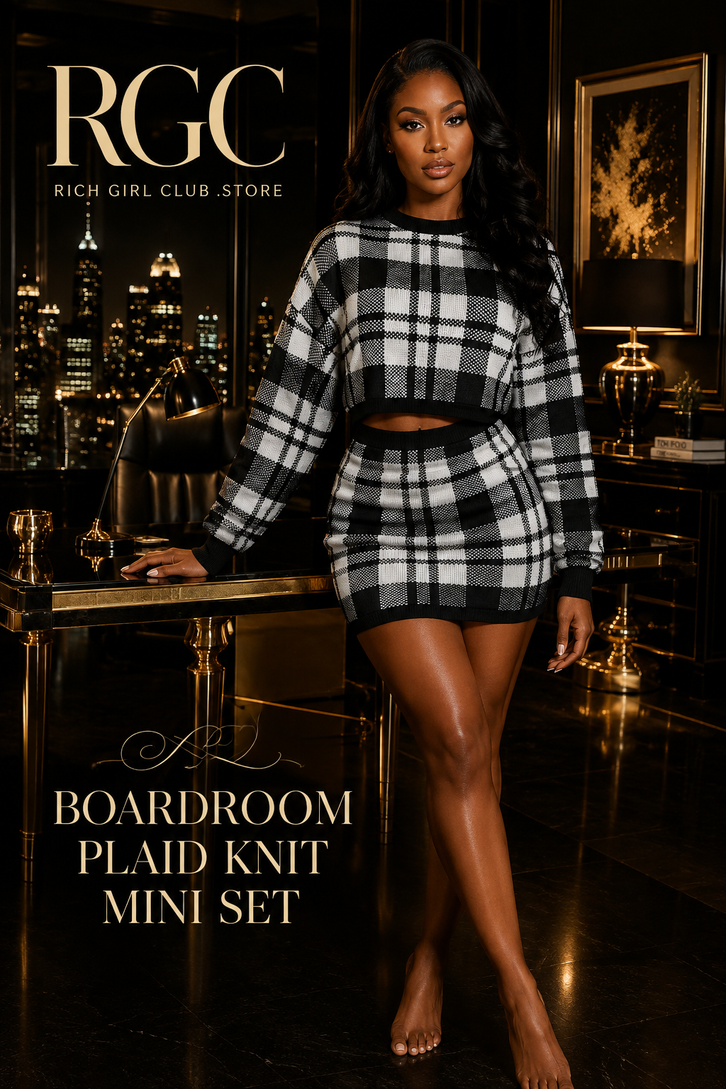 Boardroom Plaid Knit Mini Set on a glamorous adult model in a black-and-gold penthouse office, showing the black-and-white cropped sweater and fitted mini skirt.