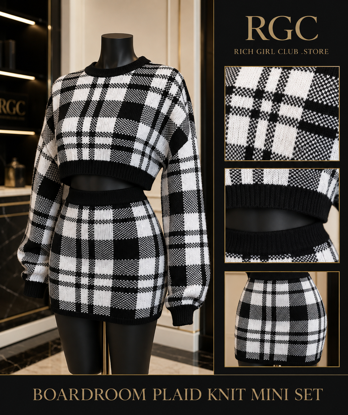 Boardroom Plaid Knit Mini Set on a matte-black mannequin with close details of the black-and-white plaid knit texture, cropped sweater hem, and fitted mini skirt.