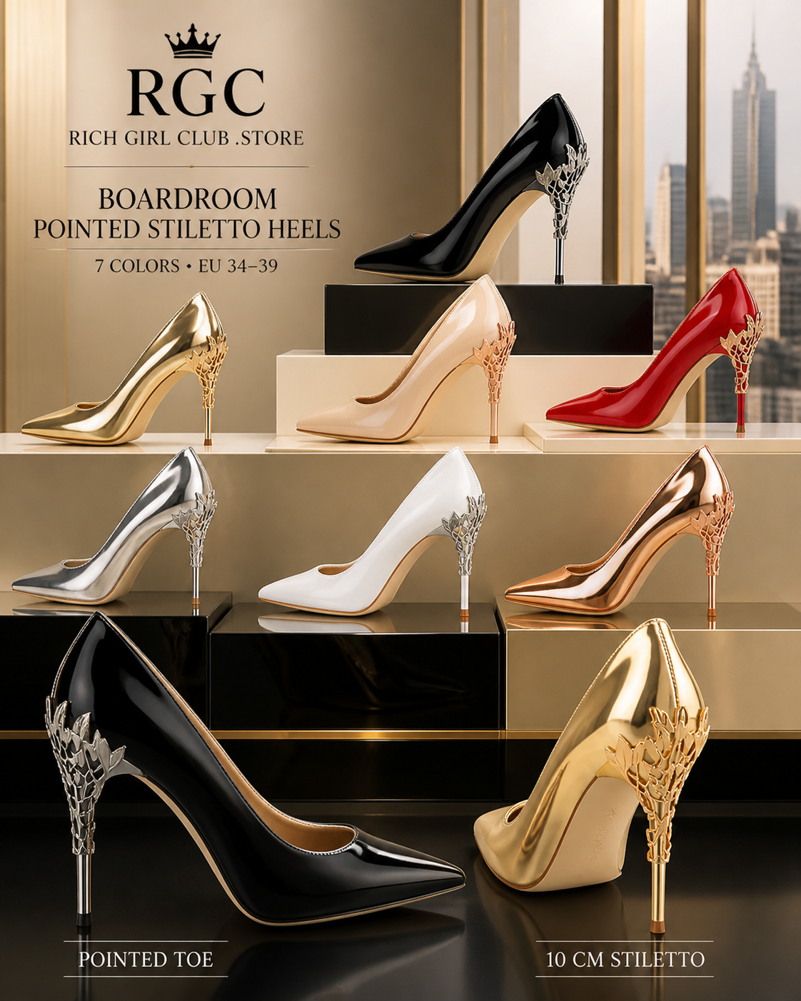 Boardroom Pointed Stiletto Heels close-up color gallery showing pointed toes and sculptural 10 cm stiletto heels