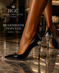 RGC campaign close-up of black Boardroom Pointed Stiletto Heels with silver filigree heel detail on black marble