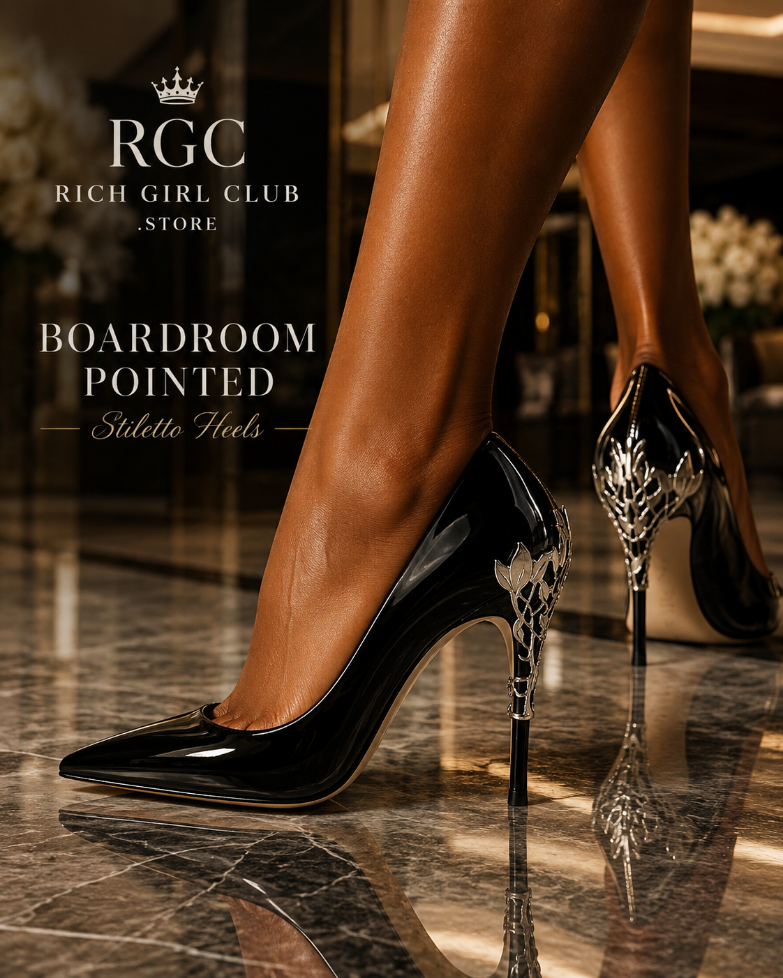 RGC campaign close-up of black Boardroom Pointed Stiletto Heels with silver filigree heel detail on black marble