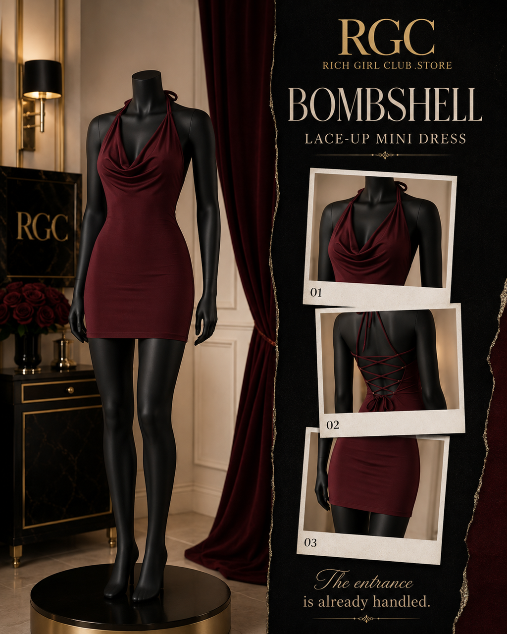 Bombshell Lace-Up Mini Dress RGC mannequin showing halter, draped front, and lace-up back