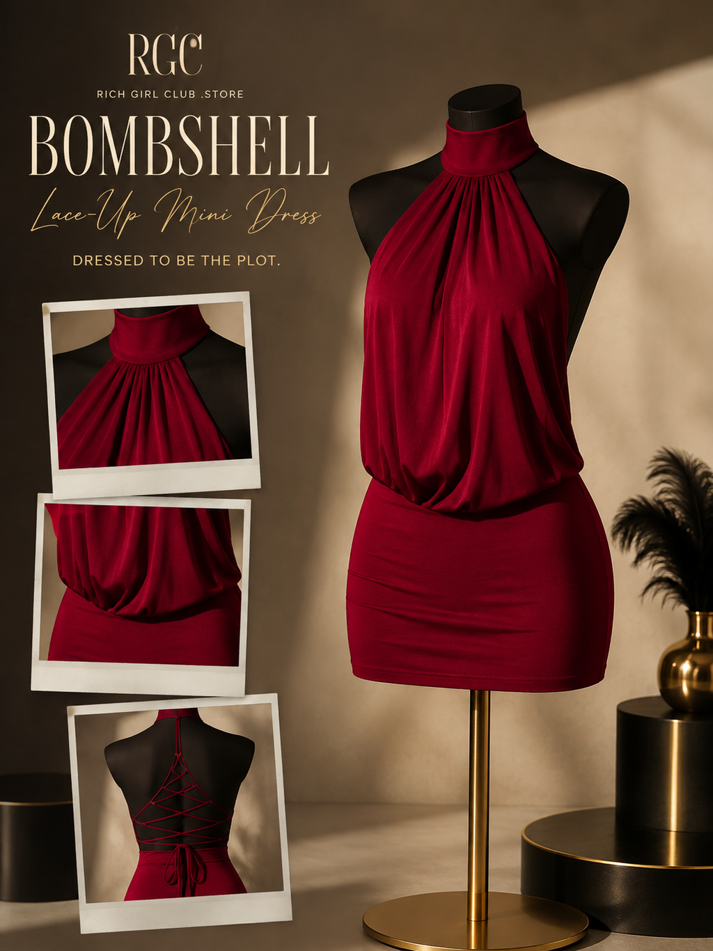 Bombshell Lace-Up Mini Dress RGC mannequin detail showing halter gathering, draped bodice, fitted mini skirt and lace-up back