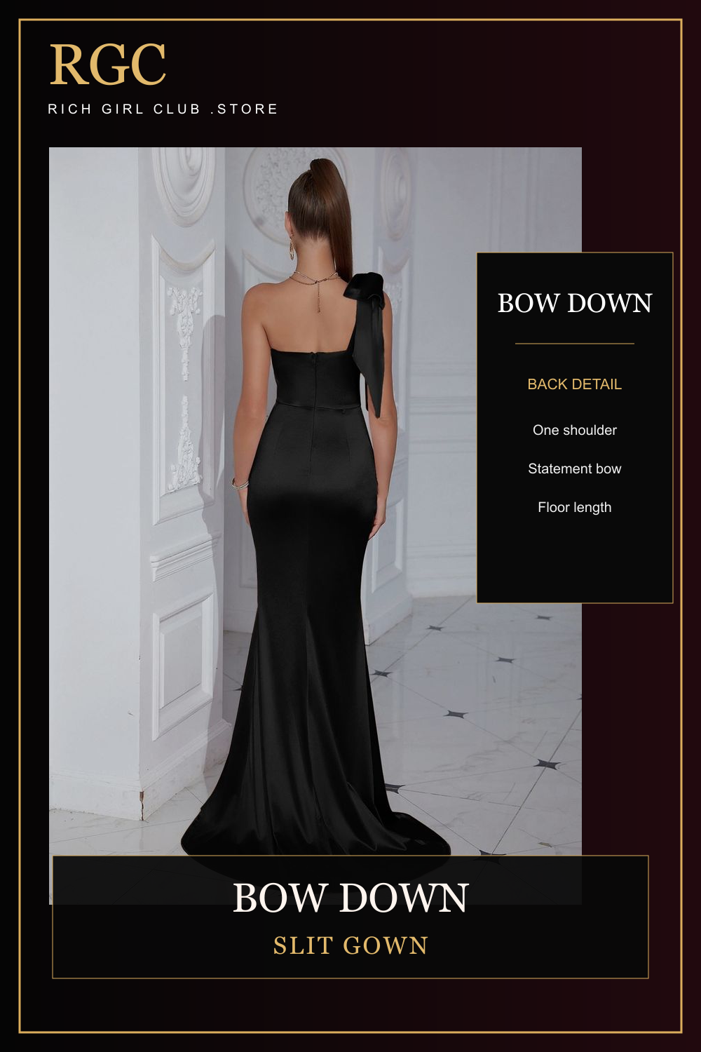 RGC detail presentation of the black Bow Down Slit Gown showing the one-shoulder bow and fitted back.