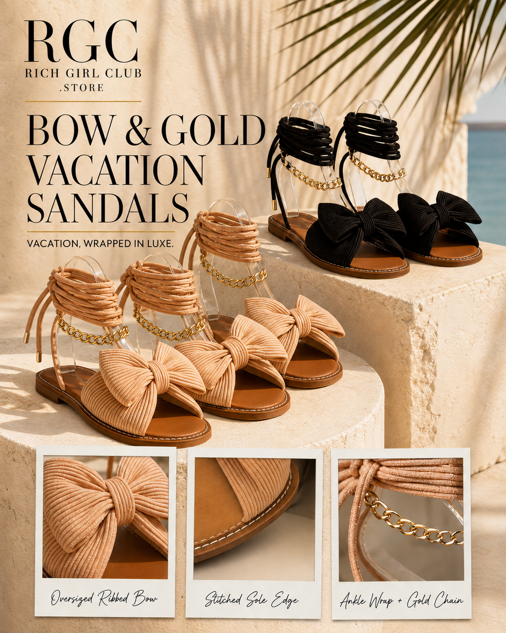 Bow & Gold Vacation Sandals in apricot and black with bow, stitched sole, ankle wrap and gold chain details