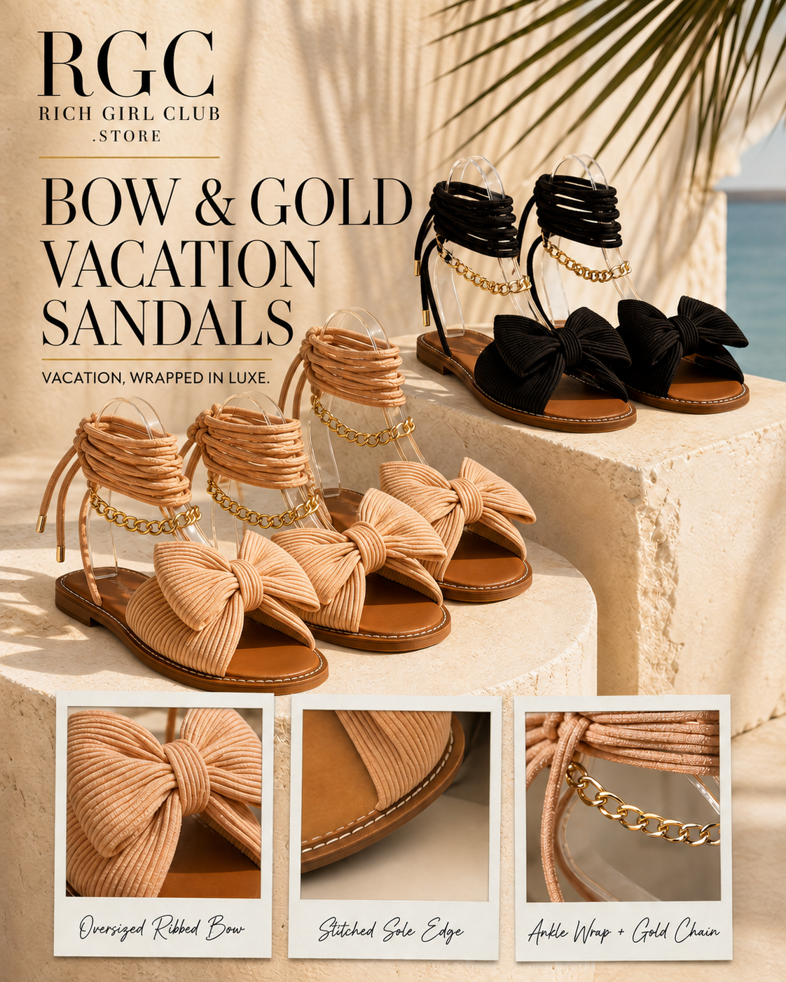 Bow & Gold Vacation Sandals in apricot and black with bow, stitched sole, ankle wrap and gold chain details