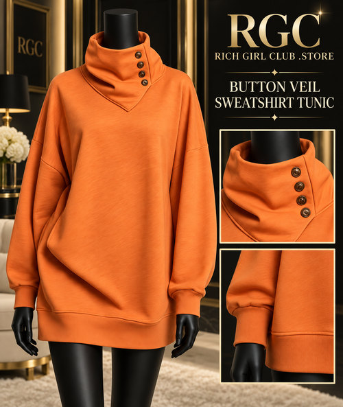 Button Veil Sweatshirt Tunic on a mannequin with close views of the draped button collar and ribbed trim.