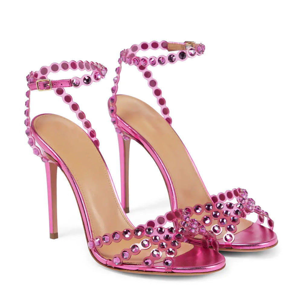 Diamond Socialite Stiletto Sandals supplier reference view 3 showing metallic open-toe stiletto sandals with large clear rhinestone toe straps and ankle wraps