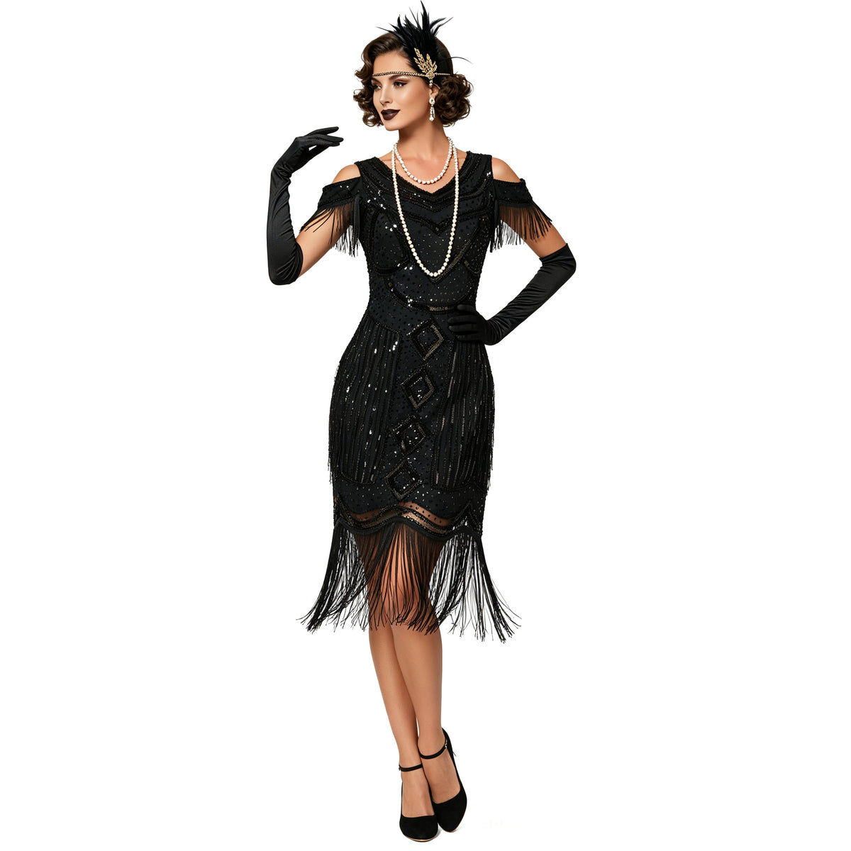 Adult model wearing the solid Black fringe dress with cold-shoulder detailing, alternate front view.